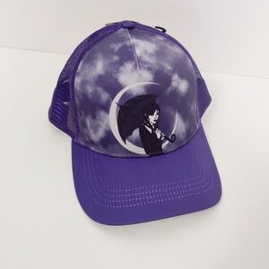 Wednesday Addams Hat Halloween Cap One Size Purple Black NEW Goth Emo Moon Mesh